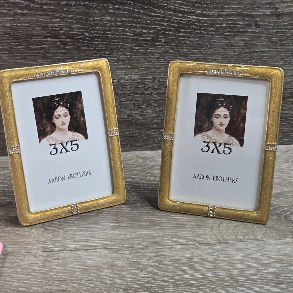 Lot of 2 Aaron Brothers Gold Enamel Rhinestone 3x5 Tabletop Picture Frame Pair